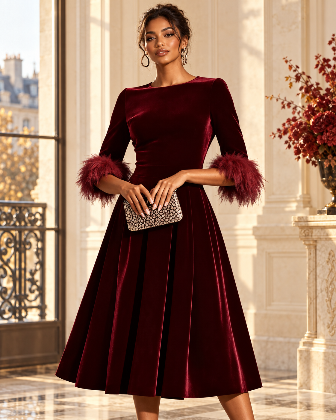 Model in a burgundy velvet midi dress with feather cuffs