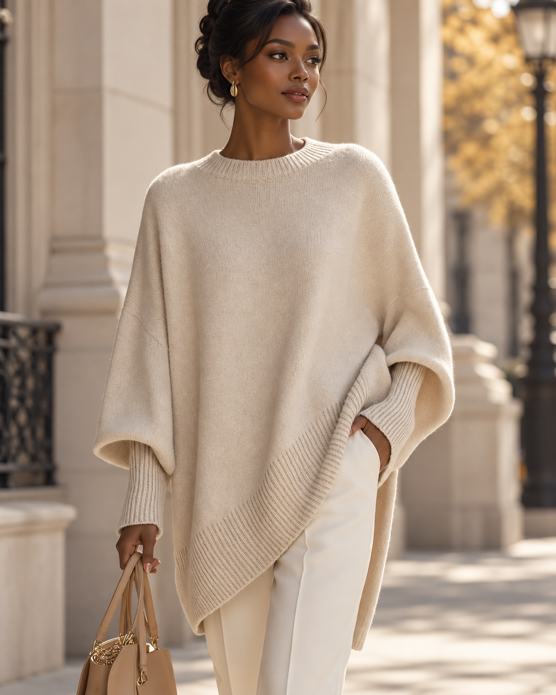 Model in an oversized ivory batwing knit sweater