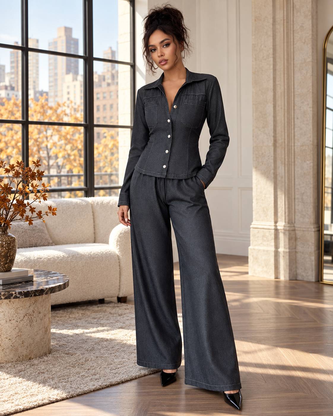 Model in a charcoal button-up shirt and matching wide-leg pants