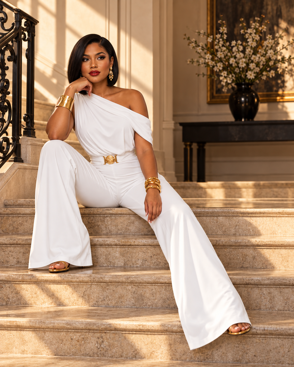 Fashion Coquette favorites: model seated on stone steps in white one-shoulder jumpsuit